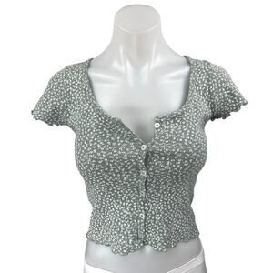 Brandy Melville Green Floral Knit Short Sleeve Button Up Blouse Crop Top Size 5